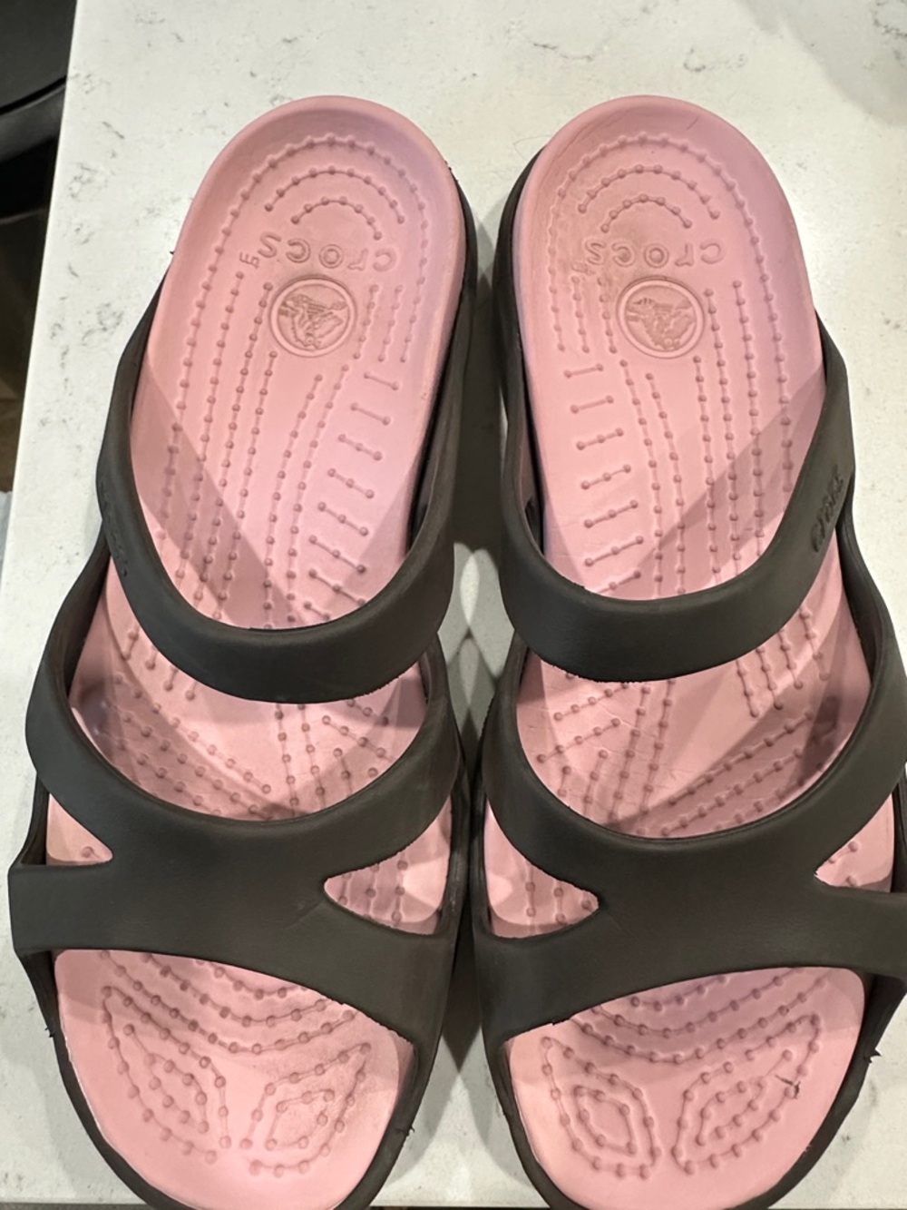 CROCS Pink Footbed with Black Straps Slide Sandals